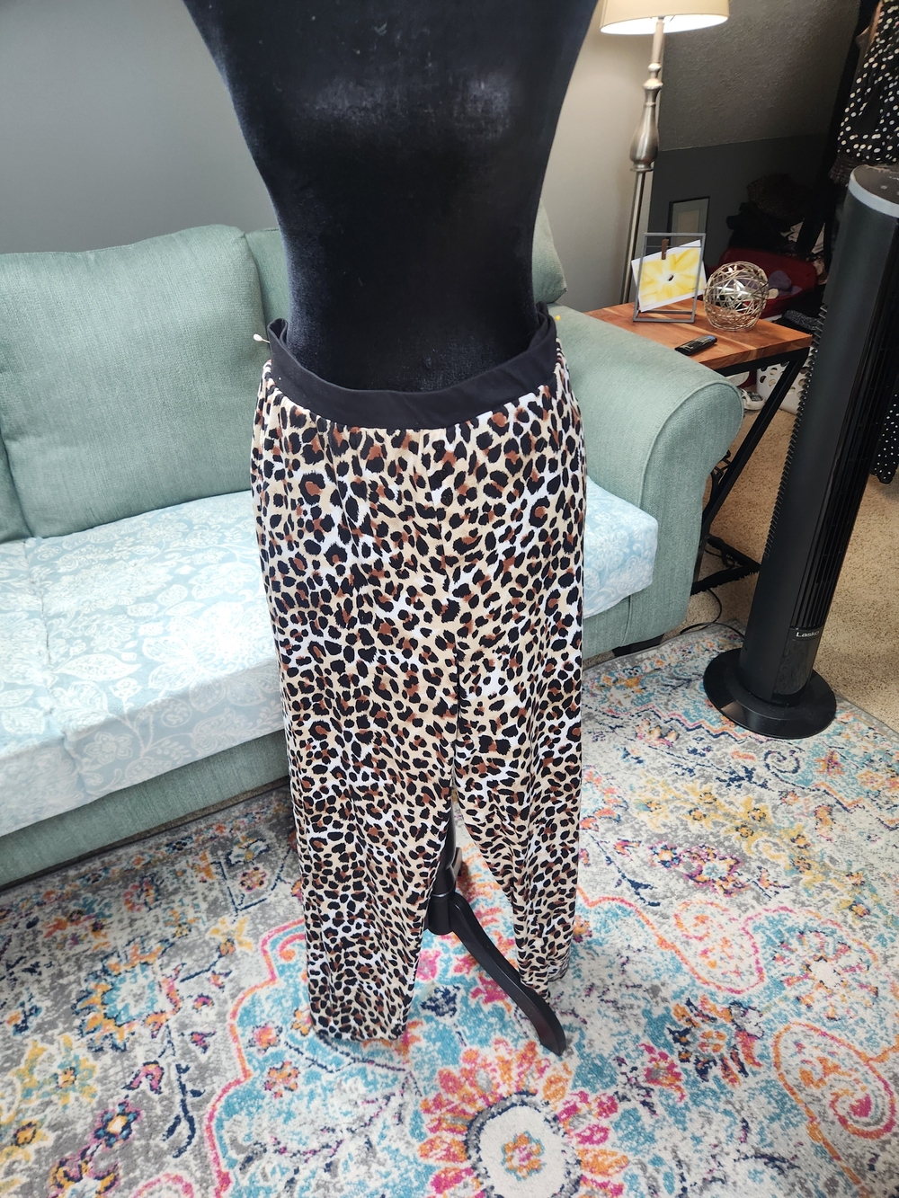 Betsey Johnson Leopard Print Knit Pants with Black Waistband Medium Stretchy